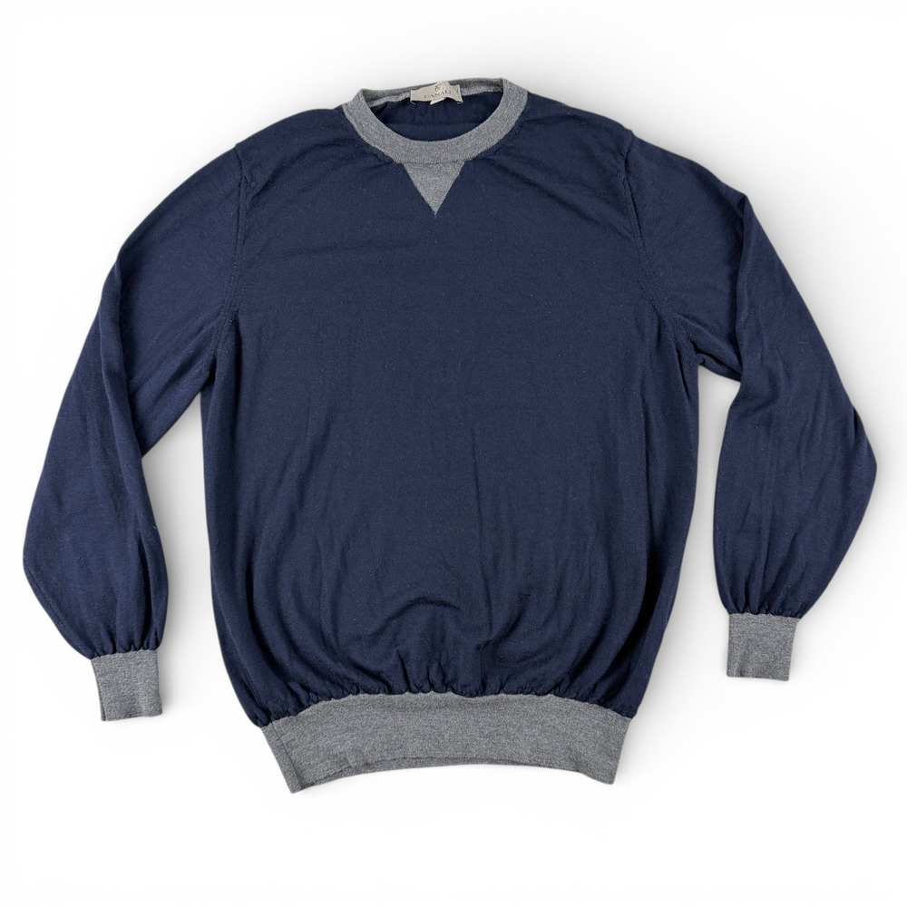 Canali Sweater Mens 56 Navy Blue Gray‎ Crewneck Long Sleeve Wool Made in Italy